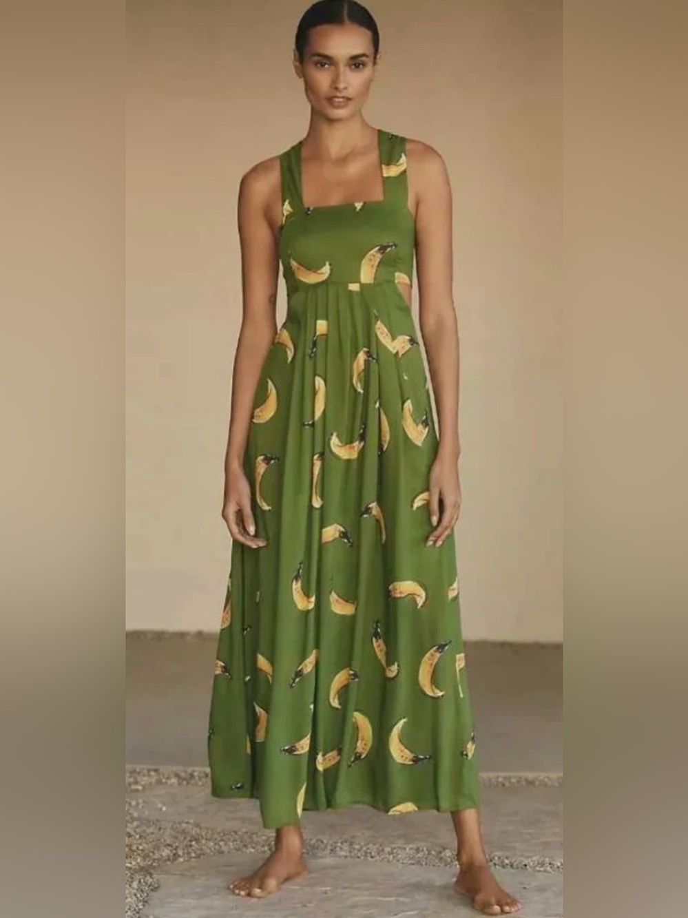 Anthropologie x LouLou Avenue Banana Print Pip Green Maxi Dress Sz S *flaws*